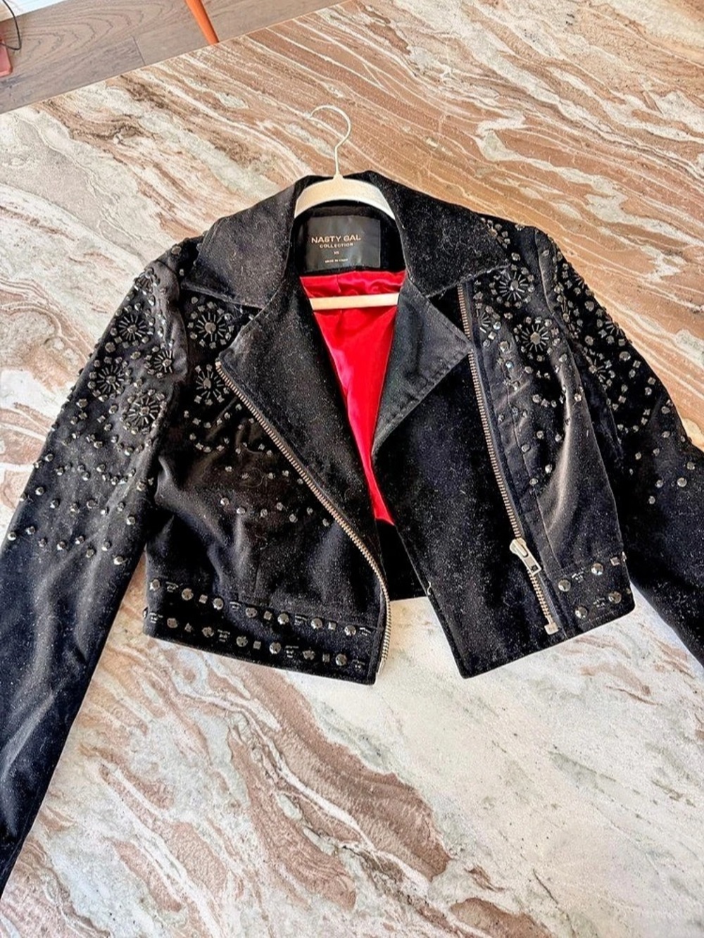Nasty Gal velvet bead embellished  Moto Jacket in Black
